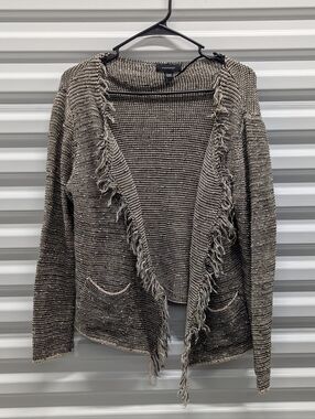 Atmosphere Minimalist Normcore Taupe and Black Fringe Knit Open-Front Cardigan L